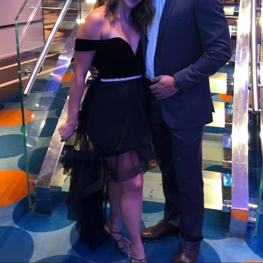 Black high low off the shoulder velvet dress